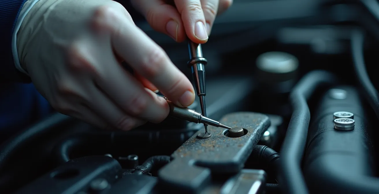Gros plan sur des mains d'expert automobile évaluant un véhicule endommagé, avec outils de mesure