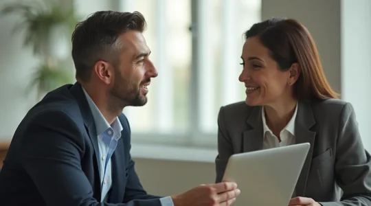 Photographie réaliste d'une consultation entre un assuré et un expert en assurance automobile, ambiance sobre et professionnelle