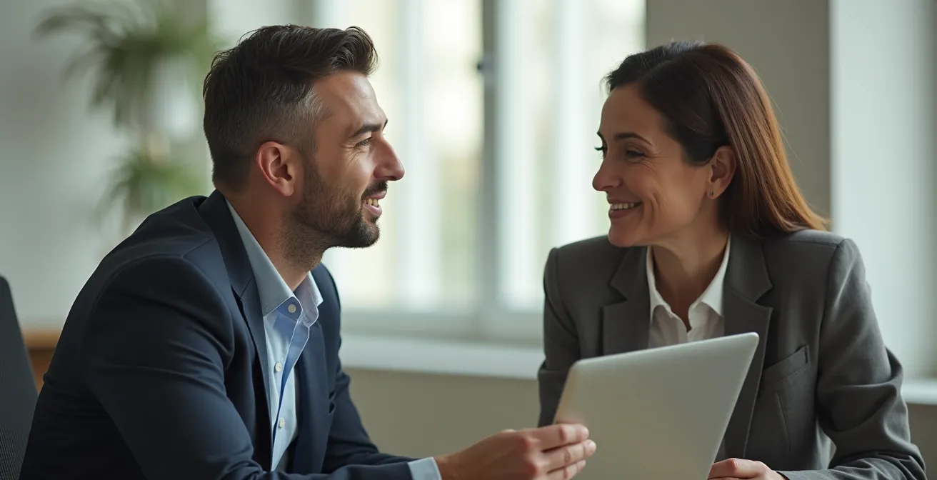 Photographie réaliste d'une consultation entre un assuré et un expert en assurance automobile, ambiance sobre et professionnelle