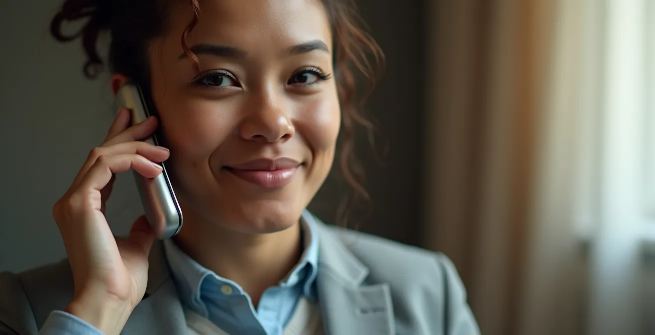 Visage apaisé d'une personne recevant un soutien psychologique au téléphone dans un cadre calme et lumineux